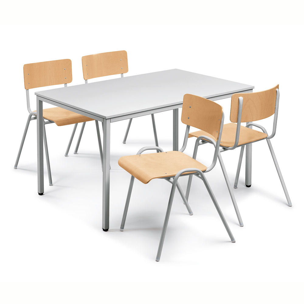 SET: 1 Tisch, 4 Stapelstühle Holz | Lichtgrau | Tischgröße B 1200 x T 700 mm | Alusilber RAL 9006