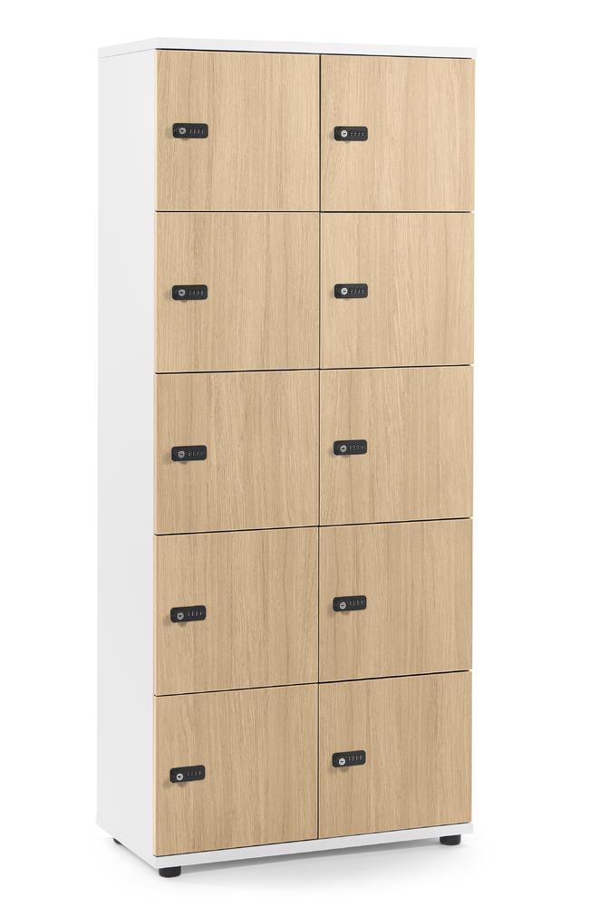 Schließfachschrank OFFICE-LINE mit 10 Fächern | Eiche hell | Melamin | ohne Posteinwurf | Weiß | Mechanisches Zahlen-Kombinationsschloss