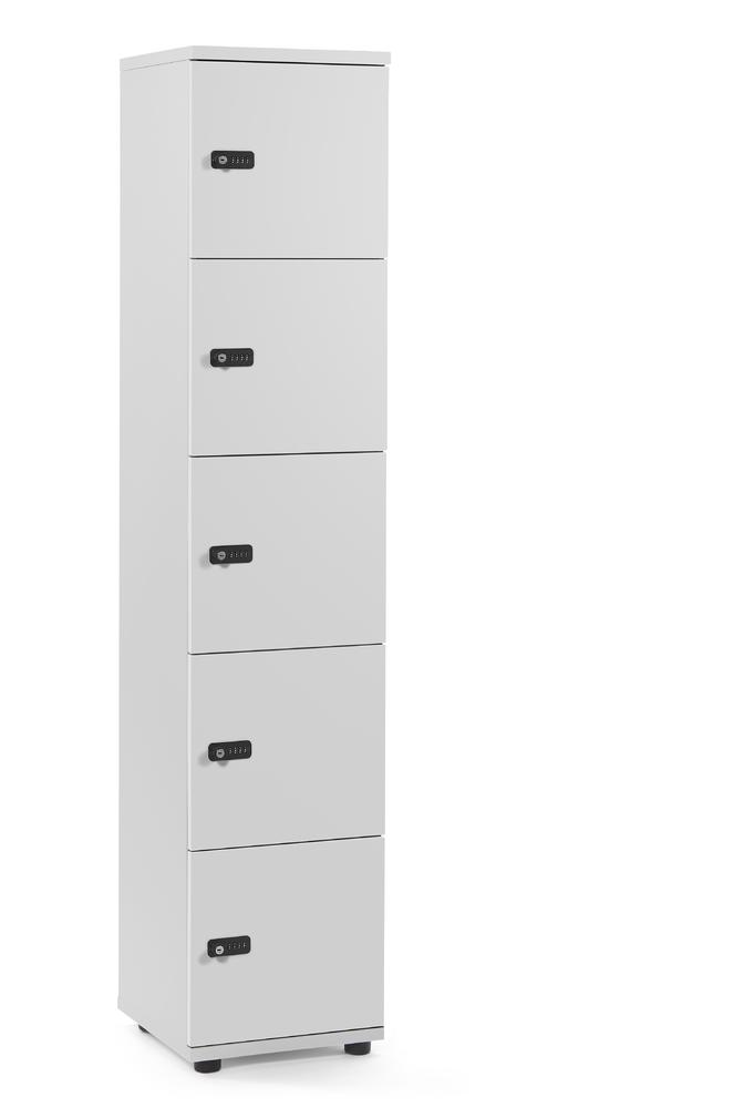 Schließfachschrank OFFICE-LINE mit 5 Fächern | Lichtgrau | Melamin | ohne Posteinwurf | Lichtgrau | Mechanisches Zahlen-Kombinationsschloss