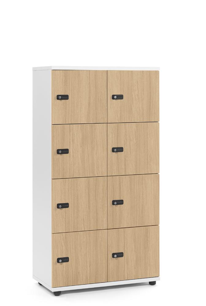 Schließfachschrank OFFICE-LINE mit 8 Fächern | Eiche hell | Melamin | ohne Posteinwurf | Weiß | Mechanisches Zahlen-Kombinationsschloss
