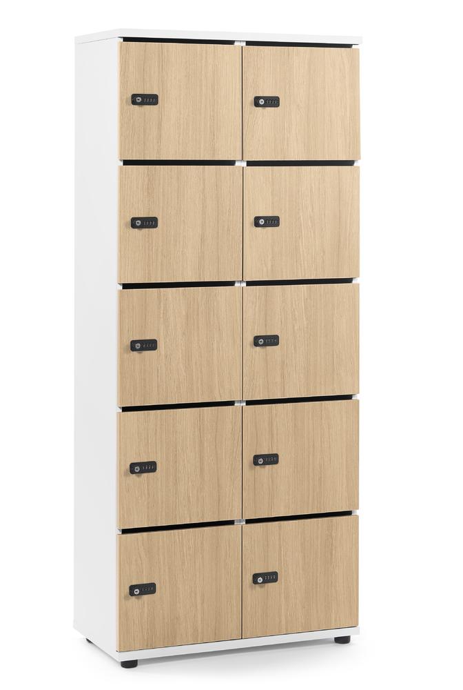 Schließfachschrank OFFICE-LINE mit 10 Fächern | Eiche hell | Melamin | mit Posteinwurf | Weiß | Mechanisches Zahlen-Kombinationsschloss