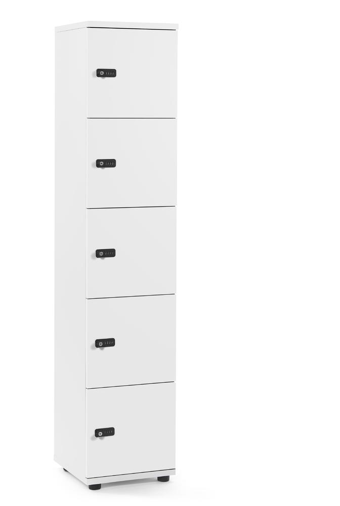 Schließfachschrank OFFICE-LINE mit 5 Fächern | Weiß | Melamin | ohne Posteinwurf | Weiß | Mechanisches Zahlen-Kombinationsschloss