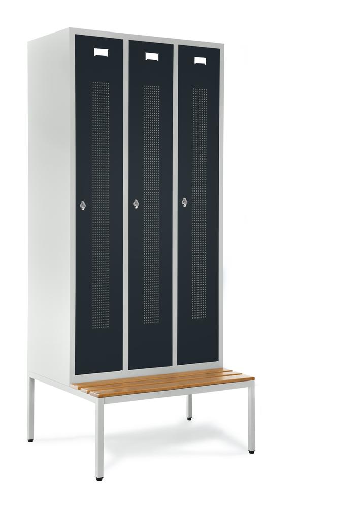 Garderobenspinde SYSTEM SP1 mit Sitzbank | Anthrazit RAL 7021 | mit untergebauter Sitzbank, Holzleisten | 300 | Drehriegelverschluss