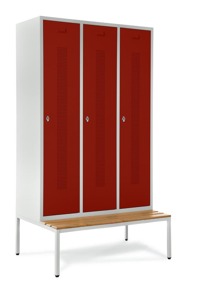 Garderobenspinde SYSTEM SP1 mit Sitzbank | Rubinrot RAL 3003 | mit untergebauter Sitzbank, Holzleisten | 400 | Drehriegelverschluss