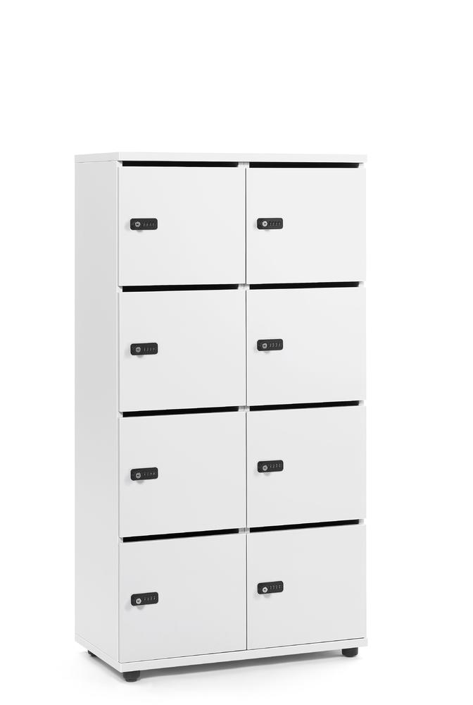 Schließfachschrank OFFICE-LINE mit 8 Fächern | Weiß | Melamin | mit Posteinwurf | Weiß | Mechanisches Zahlen-Kombinationsschloss