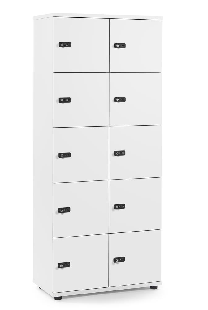 Schließfachschrank OFFICE-LINE mit 10 Fächern | Weiß | Melamin | ohne Posteinwurf | Weiß | Mechanisches Zahlen-Kombinationsschloss