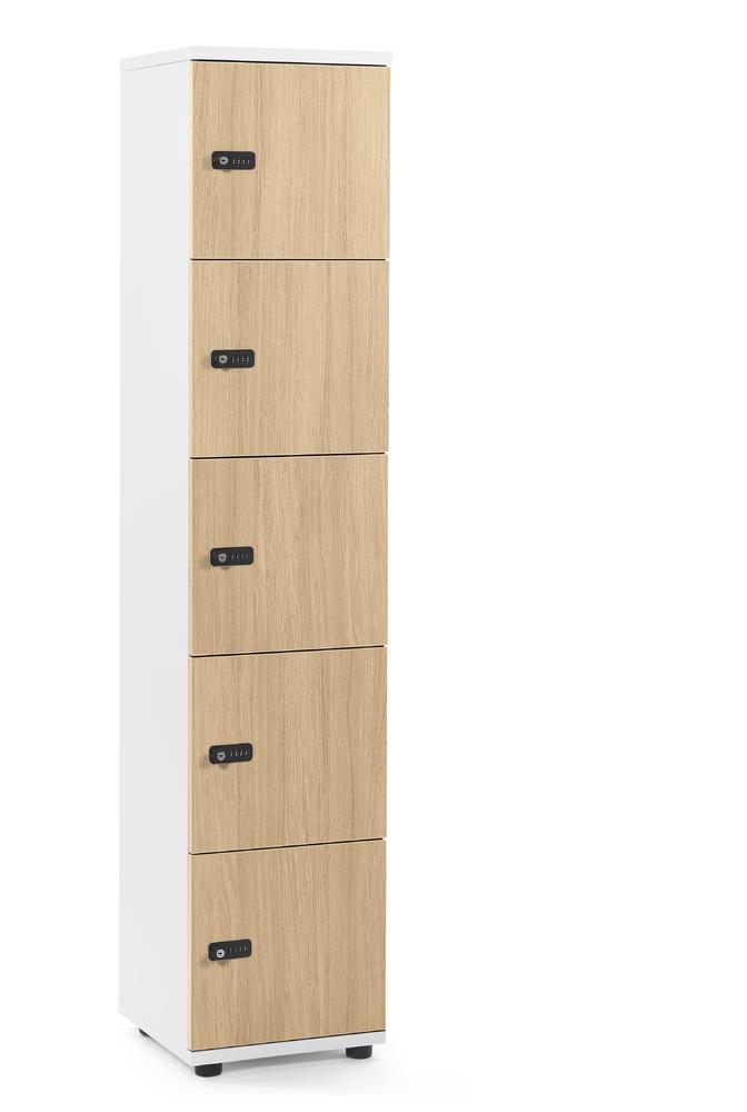 Schließfachschrank OFFICE-LINE mit 5 Fächern | Eiche hell | Melamin | ohne Posteinwurf | Weiß | Mechanisches Zahlen-Kombinationsschloss