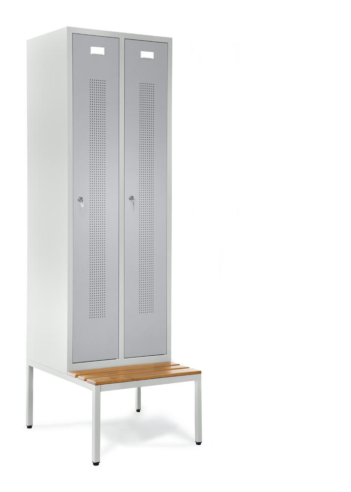 Garderobenspinde mit Sitzbank | Alusilber RAL 9006 | mit untergebauter Sitzbank, Holzleisten | 300 | Zylinderschloss