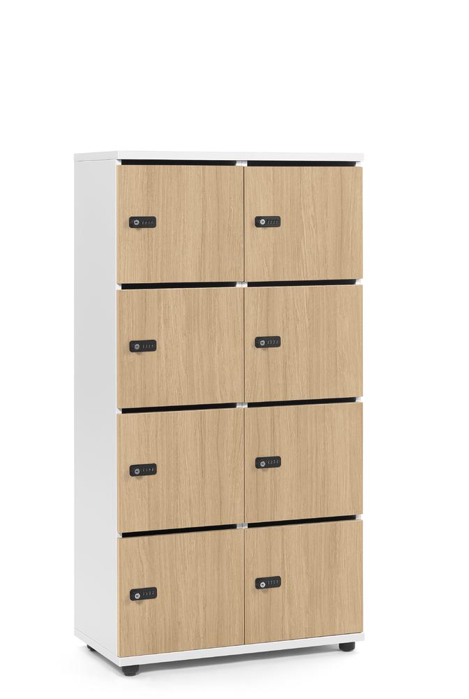 Schließfachschrank OFFICE-LINE mit 8 Fächern | Eiche hell | Melamin | mit Posteinwurf | Weiß | Mechanisches Zahlen-Kombinationsschloss