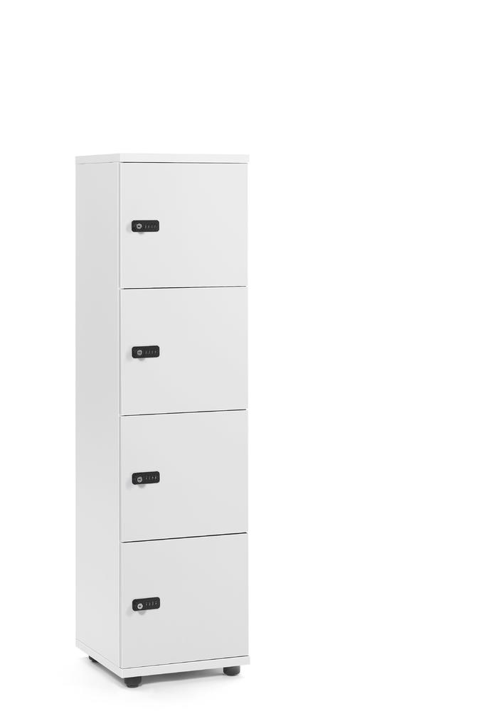 Schließfachschrank OFFICE-LINE mit 4 Fächern | Weiß | Melamin | ohne Posteinwurf | Weiß | Mechanisches Zahlen-Kombinationsschloss