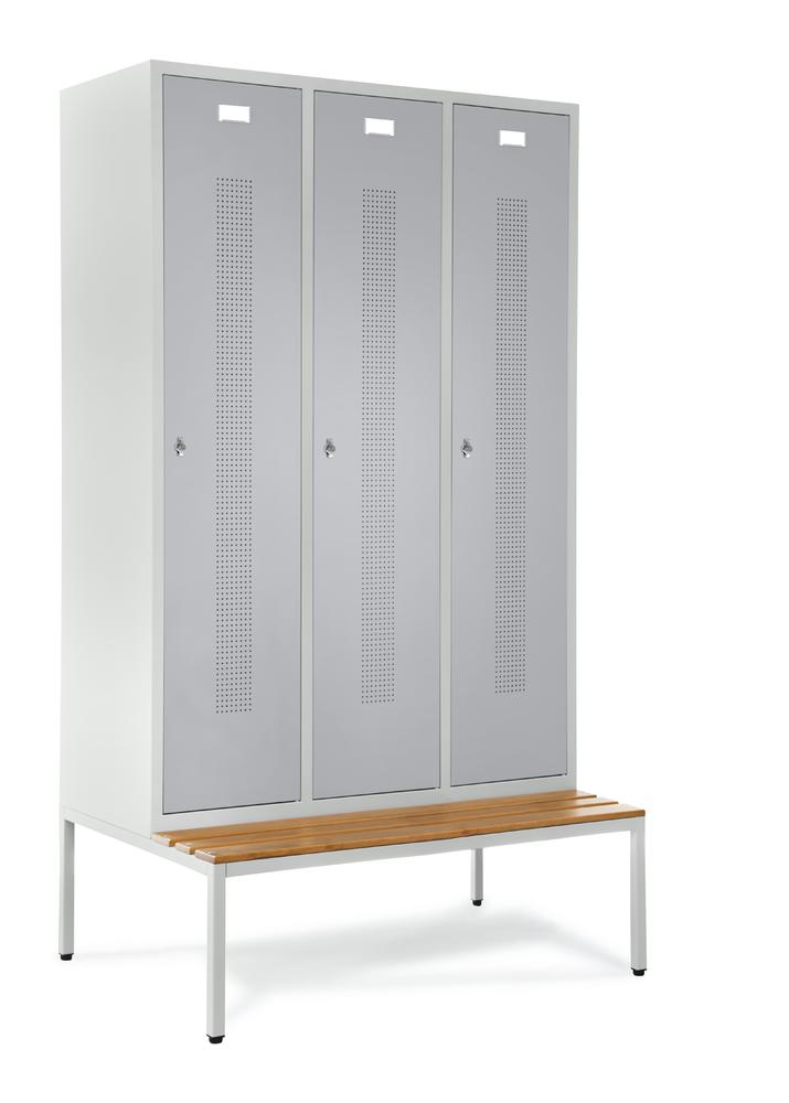 Garderobenspinde mit Sitzbank | Alusilber RAL 9006 | mit untergebauter Sitzbank, Holzleisten | 400 | Drehriegelverschluss