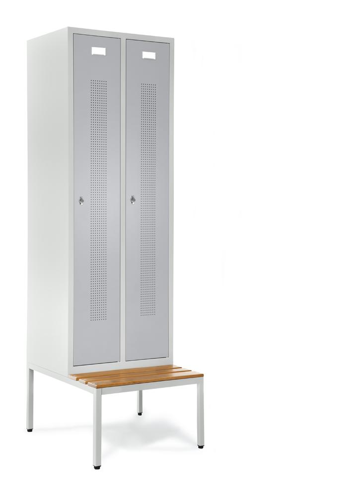 Garderobenspinde mit Sitzbank | Alusilber RAL 9006 | mit untergebauter Sitzbank, Holzleisten | 300 | Drehriegelverschluss
