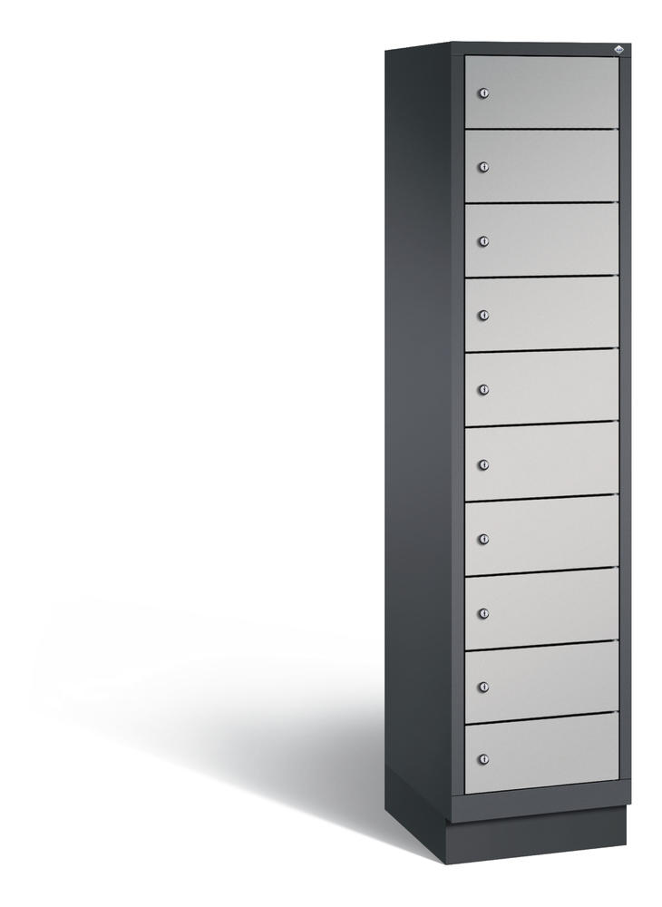 Laptopschrank, 1 x 10 Fächer | Alusilber RAL 9006 | mit Elektrifizierung | Schwarzgrau RAL 7021 | 10