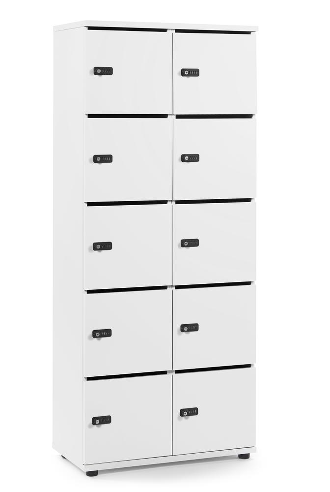 Schließfachschrank OFFICE-LINE mit 10 Fächern | Weiß | Melamin | mit Posteinwurf | Weiß | Mechanisches Zahlen-Kombinationsschloss