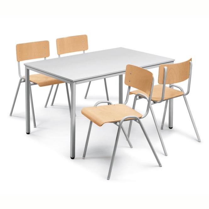 SET: 1 Tisch, 4 Stapelstühle Holz Lichtgrau | Tischgröße B 1600 x T 800 mm | Lichtgrau RAL 7035