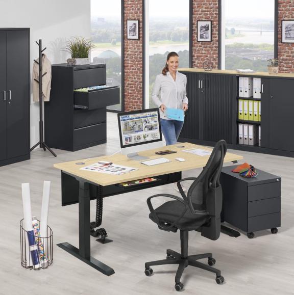 Höhenverstellbarer Schreibtisch FLEX MODUL Ahorndekor | 1600 | Schwarz